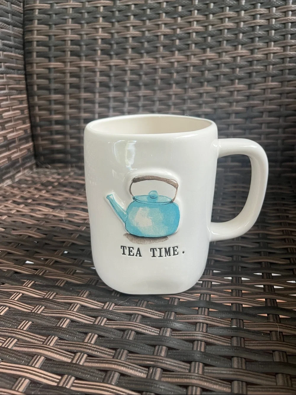 Rae Dunn White Ceramic Mug with Blue Teapot Graphic